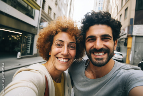 Portrait of a young male, 27 years old, Middle Eastern married with his older wife, 57 years old, Middle Eastern, taking a selfie in a city, reflecting joy and urban life
