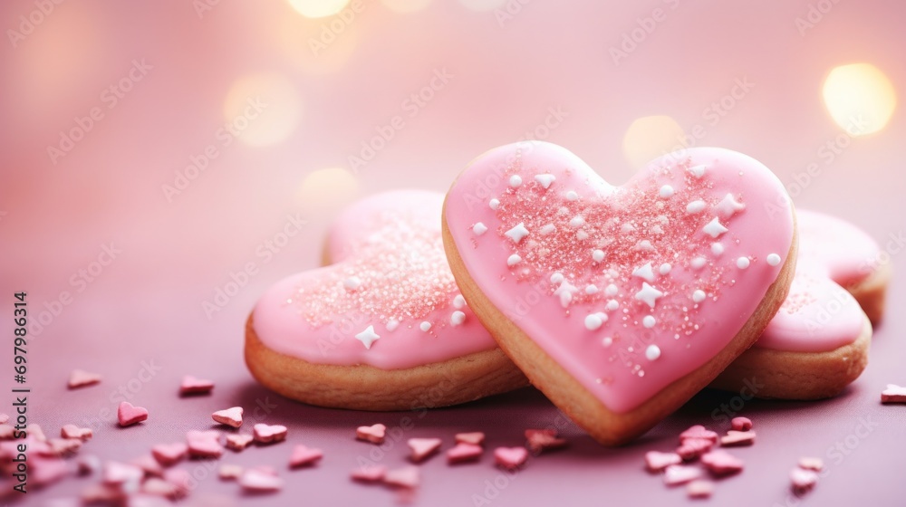 Two pink heart shaped cookies with sprinkles on a table Two pink heart shaped cookies with sprinkles on a table