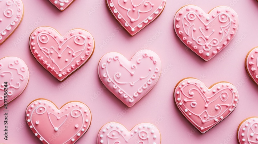 A bunch of pink heart shaped cookies on a pink surface A bunch of pink heart shaped cookies on a pink surface