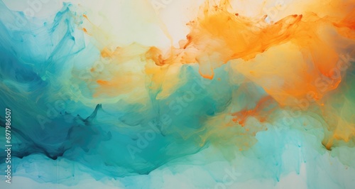 abstract colorful painting with turquoise and orange colors, in the style of ebru sidar, atmospheric clouds, uhd image, desertwave, abstraction-création, cai guo-qiang, serene visuals