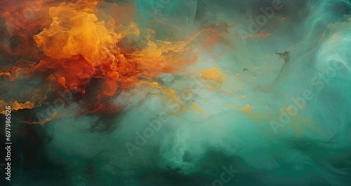 abstract colorful painting with turquoise and orange colors  in the style of ebru sidar  atmospheric clouds  uhd image  desertwave  abstraction-cr  ation  cai guo-qiang  serene visuals
