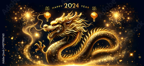 Chinese new year 2024 background with majesic golden dragon. photo