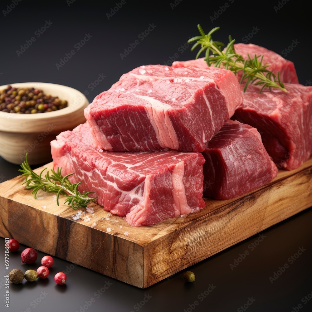 Raw Beef Meat On Wooden Cutting On White Background, Illustrations Images