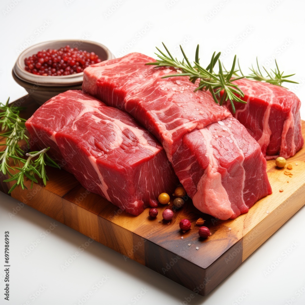 Raw Beef Meat On Wooden Cutting On White Background, Illustrations Images