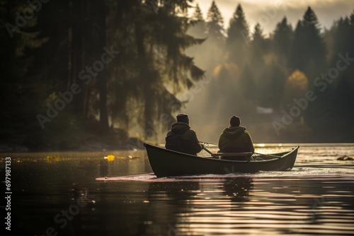 Two people canoeing on a serene lake at dusk with misty forest background.