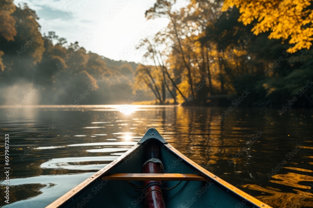 Fototapeta premium Tranquil canoe trip on a calm river with golden sunlight filtering through autumn trees.