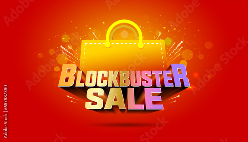 3D Vector design of Blockbuster Sale logo and festive background.  Shopping bag with red festive sparkle background.