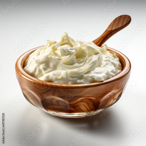 Sour Cream Wooden Bowl Spoon Mayonnaise On White Background, Illustrations Images