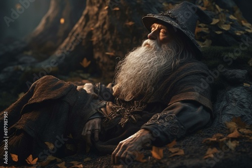 A wizard finally resting after a long day of battle. Generative AI photo
