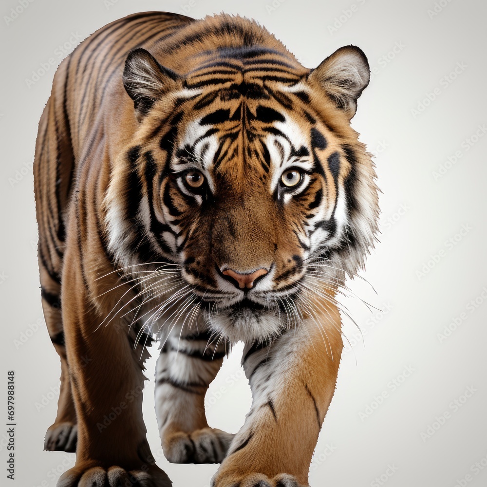 Fototapeta premium Tiger Prowling Approaching Looking Camera Isolated On White Background, Illustrations Images