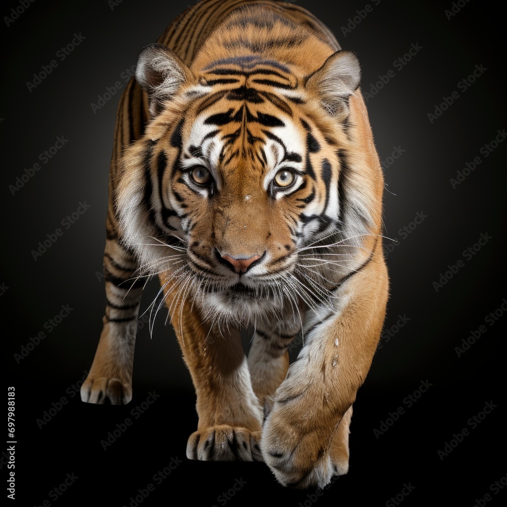 Fototapeta premium Tiger Prowling Approaching Looking Camera Isolated On White Background, Illustrations Images