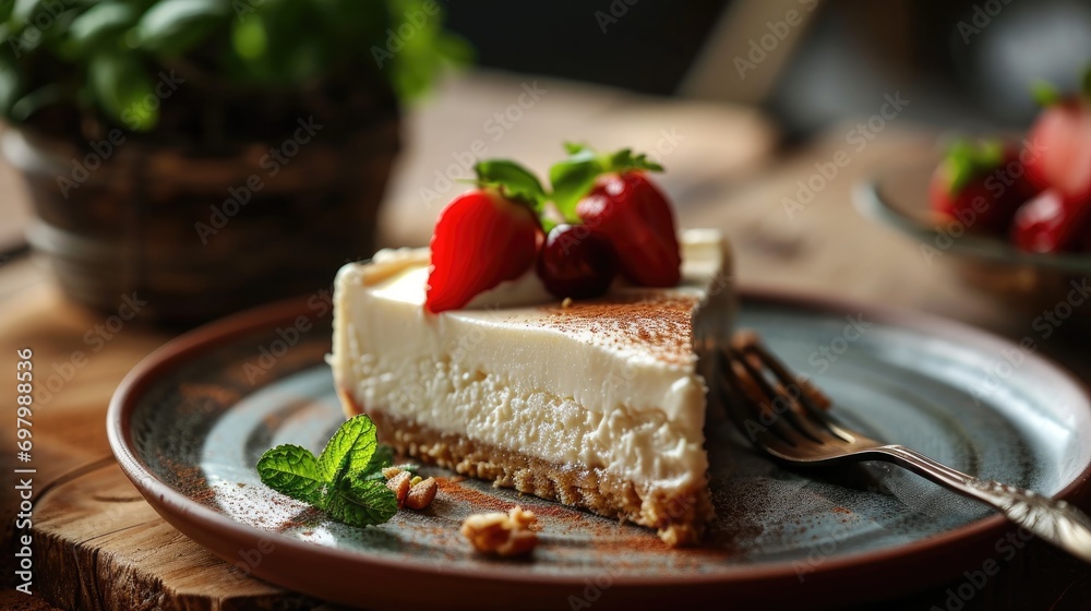 Slice of cheesecake with fresh strawberries and mint on a rustic plate, wooden table background.