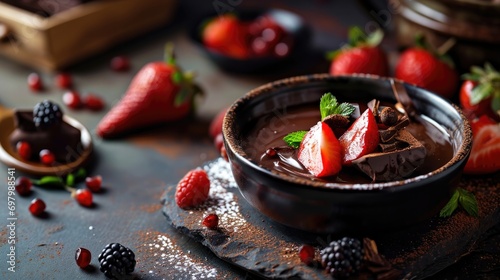 Gourmet dark chocolate dip with fresh strawberries, raspberries, and mint on a rustic table. © Leli