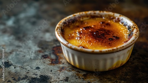 Caramelized crème brûlée in a white ramekin on a rustic surface.