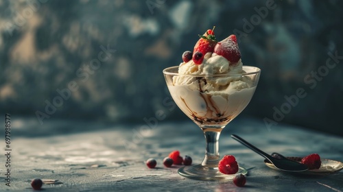 Gourmet vanilla ice cream topped with fresh berries in an elegant glass bowl, with scattered fruits and a spoon on a rustic table. photo