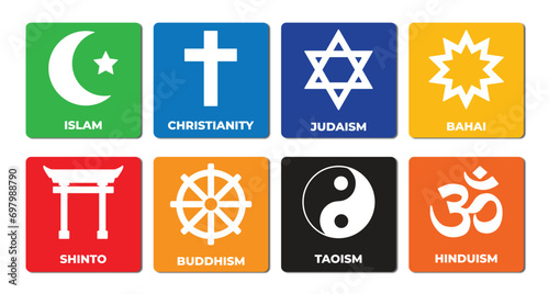 The pluralism of symbols with a colorful grid ; set of symbol religion islam, christianity, juadaism, bahai, shinto, buddhism, taoism, hinduism photo