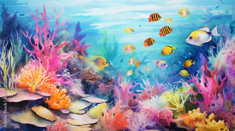 Vibrant coral reefs teeming with marine life. aquarelle. Generative  AI 