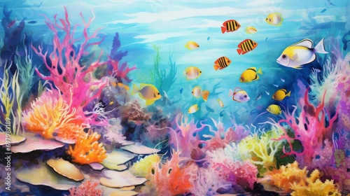 Vibrant coral reefs teeming with marine life. aquarelle. Generative AI 