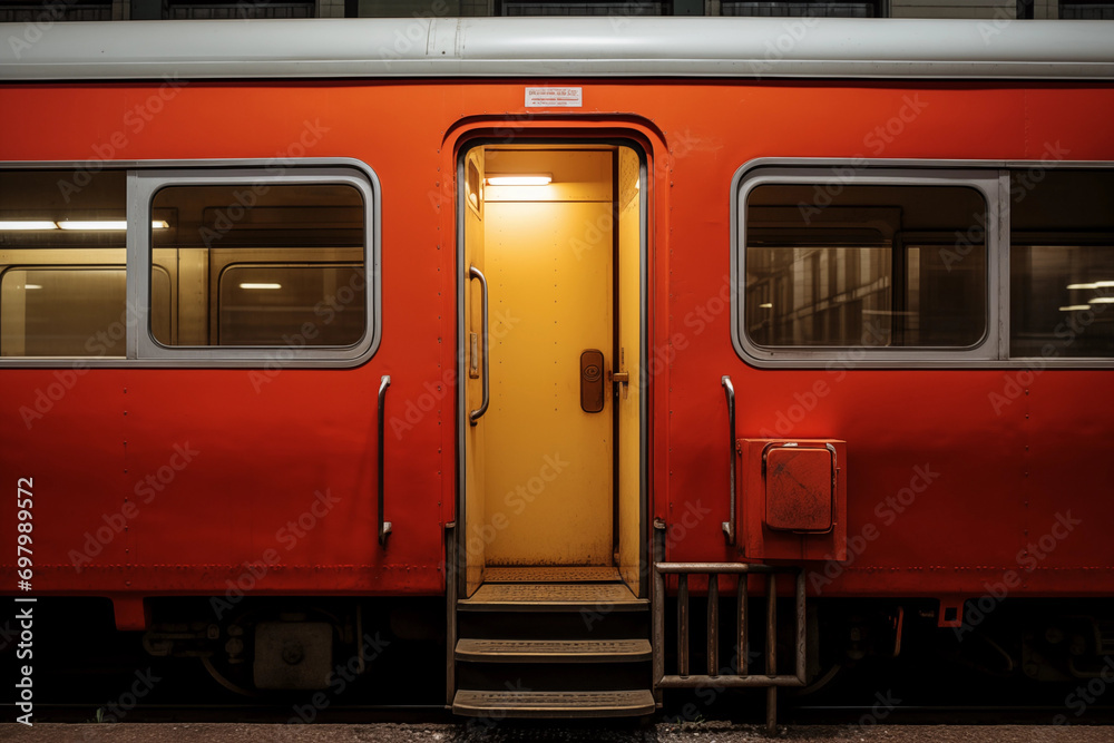 The open front door of an evening train carriage