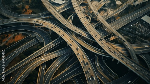 Top-down perspectives of an intricate stack interchange, emphasizing the levels and connectivity of roadways. aerial. Generative AI 