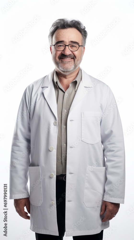 Middle-aged male pharmacist in a lab coat, smiling slightly, holding medication, full-body view against a white backdrop. Generative AI Middle-aged male pharmacist in a lab coat, smiling slightly, holding medication, full-body view against a white backdrop. Generative AI