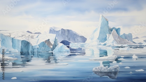 Mesmerizing icebergs floating in arctic waters. aquarelle. Generative AI 