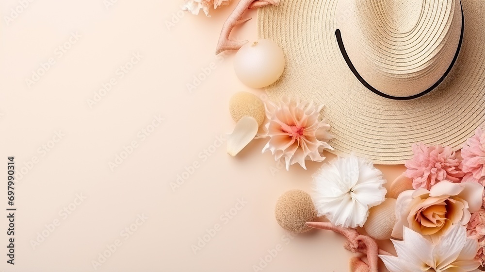 Free space for text .Beach accessories are lined up on the sand, flat lay. Free space for text .Beach accessories are lined up on the sand, flat lay.