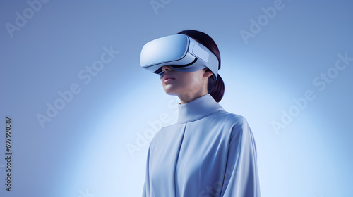 Young woman wearing a mixed reality headset and experiencing simulation, metaverse and cyberspace.