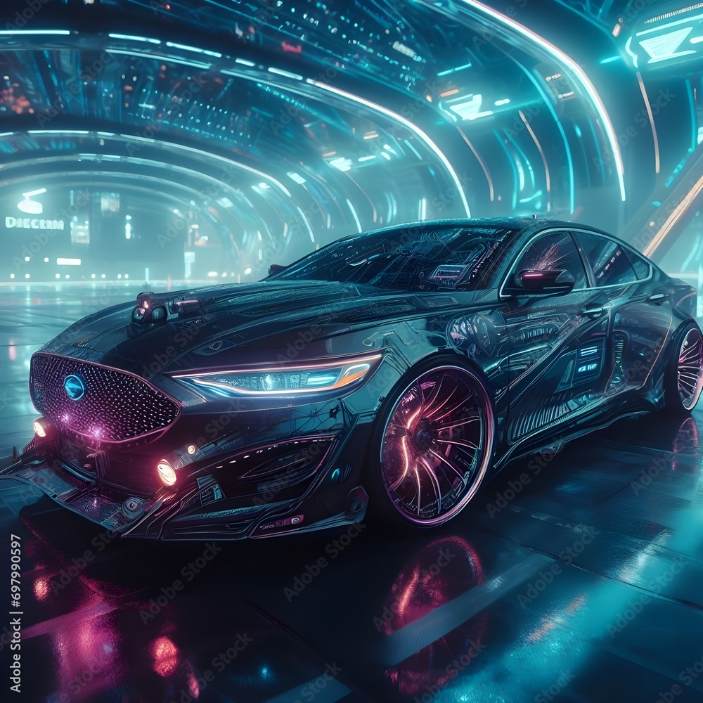 3D rendering of a brand-less generic concept car in a futuristic environment
