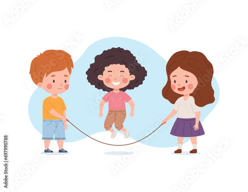 Happy cute kids play jump rope, vector cartoon boy and girls skipping rope, have fun, sport activity, children game