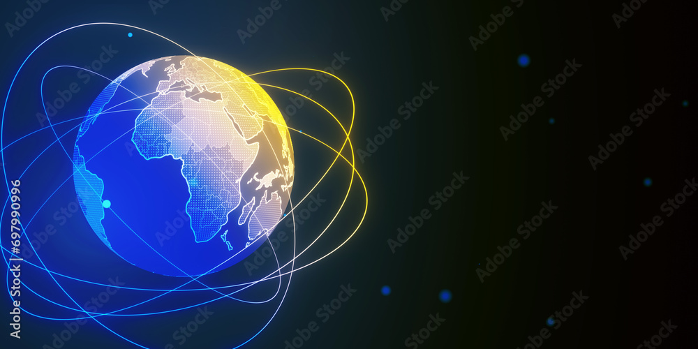 Abstract glowing globe hologram on blurry background with mock up place. Metaverse, map and global network concept. 3D Rendering.