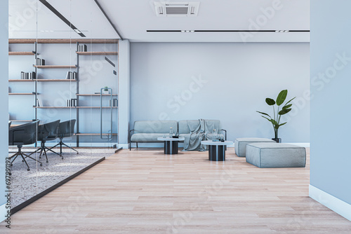Contemporary meeting room interior with waiting area. 3D Rendering. © Who is Danny
