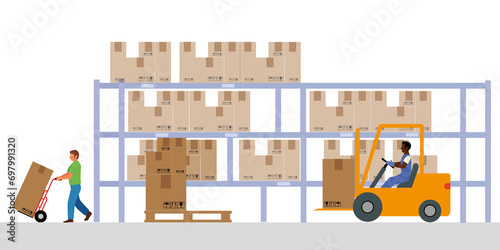 Moving boxes in the warehouse by means of a hydraulic forklift truck. Storage, sorting and delivery. Storage equipment. 