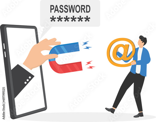 Hacker steal icon email use smartphone. Cyber security and phishing concept. Modern vector illustration in flat style

