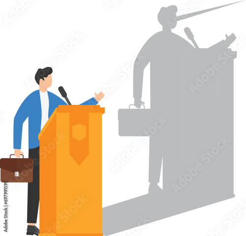 Businessman leader or politician with long nose liar talk about fake news. Politician lies about truth to win the election concept.

