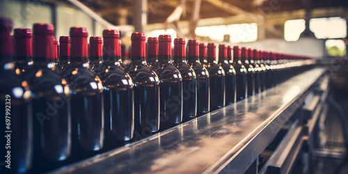 Red Wine bottles on a conveyor belt in a wine bottling factory,Winery Equipment: Red Wine Bottles on Automated Bottling Line photo