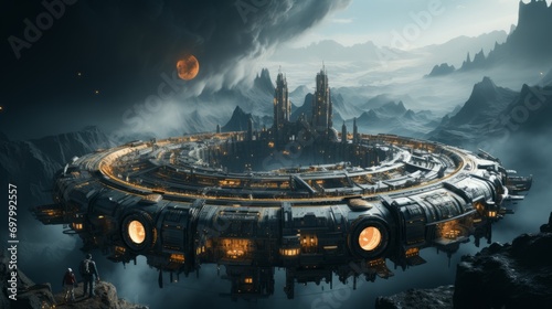 A vibrant digital portrayal of a futuristic city suspended in the sky, encircled by majestic mountains. With a radiant light emanating from its core, this metropolis embodies a vision of a livable
