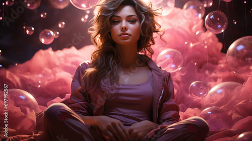 A girl's peaceful escape in a rosy sanctuary, surrounded by playful bubbles and illuminated by soft light