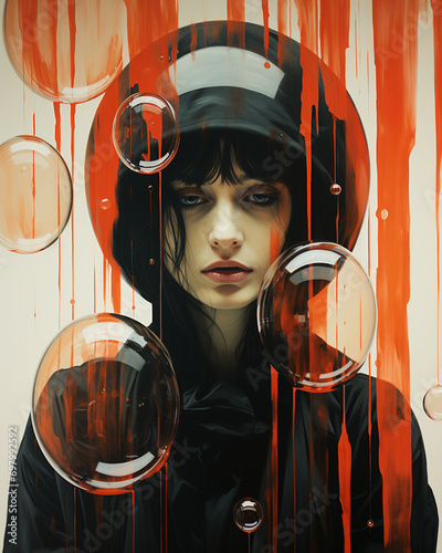 A striking human face emerges from a captivating painting, adorned with a black hat and crimson liquid trickling through her mind, evoking a sense of mystery and intrigue in this unique work of art