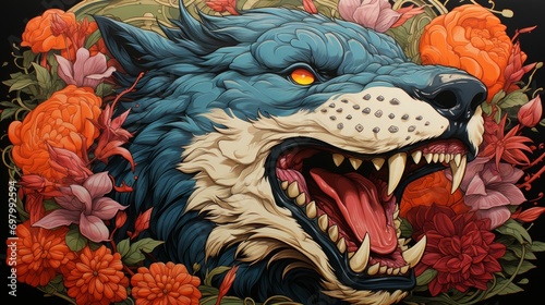 A fierce cartoon wolf with piercing orange eyes and deadly fangs emerges from a vibrant floral landscape, evoking a sense of untamed beauty and primal power in this striking illustration