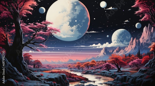 An ethereal infrared painting captures the enchanting essence of a tranquil landscape, with a glowing moon illuminating the peaceful river and lush trees in the great outdoors
