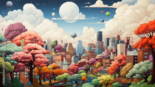 A vibrant cityscape painting captures the peaceful essence of a bustling metropolis, adorned with colorful flowers and a serene river flowing through its heart
