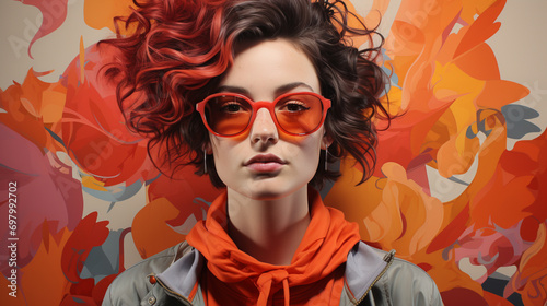 A fiery-haired woman donning sunglasses adds a touch of artistic flair to her outfit, showcasing her unique fashion sense and confident personality