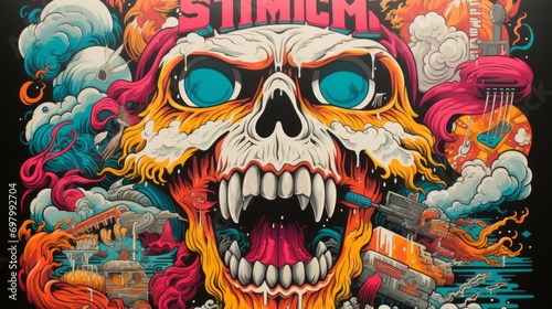 An eye-catching illustration of a grinning skull adorned with vibrant hues and pearly white teeth, blending elements of cartoon and art in a striking painting