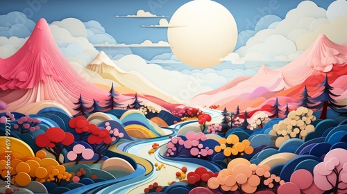 Vibrant cartoon painting of a scenic landscape, featuring a tranquil river flowing through majestic mountains as a colorful balloon adds whimsy to the picturesque scene