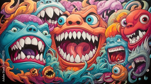 A monstrous cartoon painting with sharp fangs, a skull head, and detailed drawings of teeth evokes a feeling of playful terror