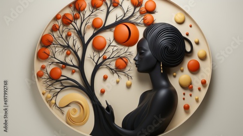 A mesmerizing piece of indoor art, featuring a black statue of a woman adorned with vibrant orange balls, standing proudly among a forest of trees on a decorative plate