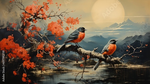 A vibrant painting of two birds perched on a branch, surrounded by colorful flowers, against a backdrop of majestic mountains, capturing the beauty and harmony of nature through art