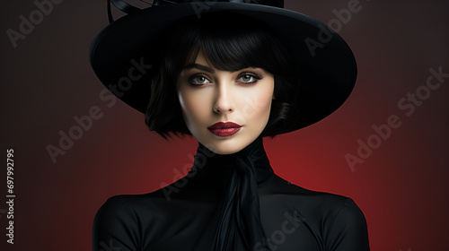 A mysterious woman with a dark aura dons a striking black hat and blouse, her intense gaze piercing through the wall of fashion and headgear, accentuated by her bold red lips