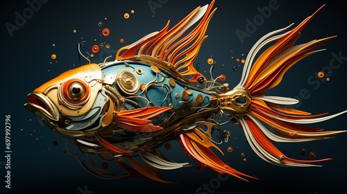 A sleek, futuristic fish depicted in a 3D rendering. It features metallic fins and gear-like structures. Swimming gracefully in mid-air with open gills and closed eyes